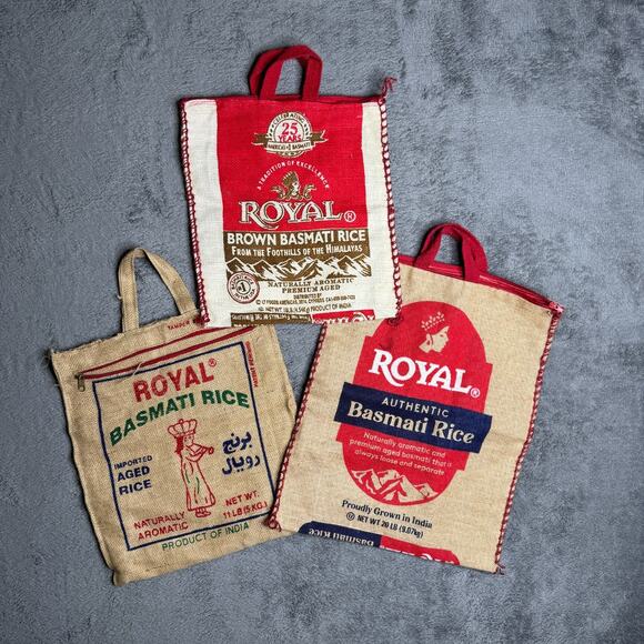 ROYAL BASMATI Rice Bags Empty Burlap Sacks Zip Close Lot of 3 Upcycled Totes - Picture 1 of 7
